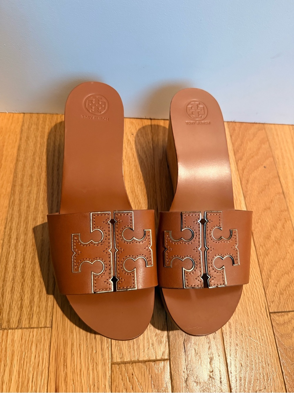 Tory Burch Cognac Leather Logo Slide Sandals